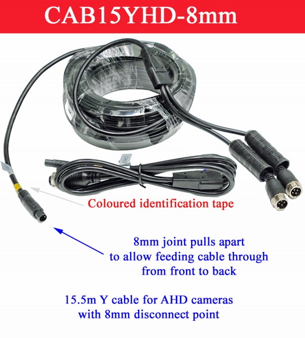 15m Y cable with 8mm disconnect point for use with our AHD range of reversing cameras